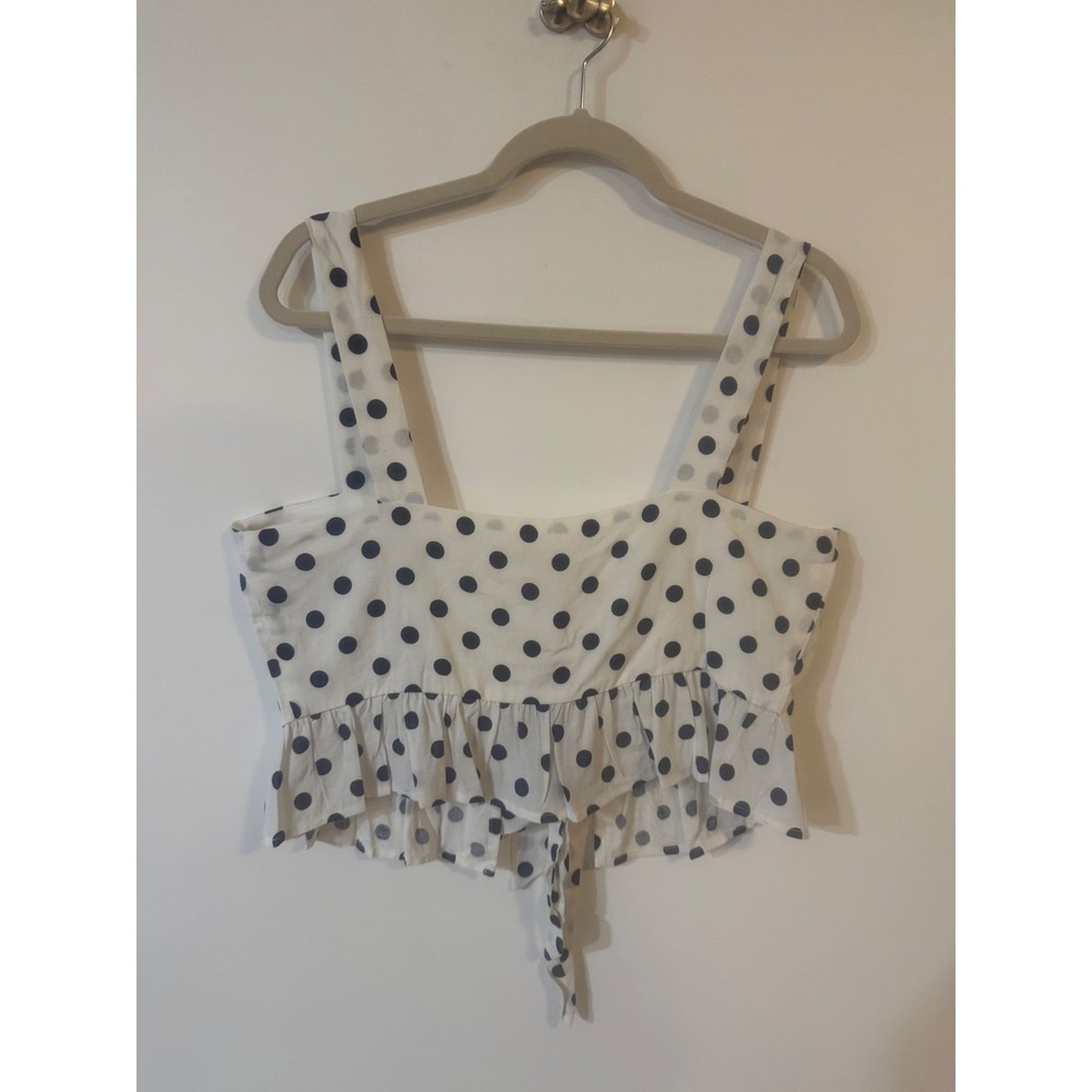 Le Lis Womens Polka‎ Dot Tie Front Ruffle Hem Crop Top White Navy Blue Large NEW